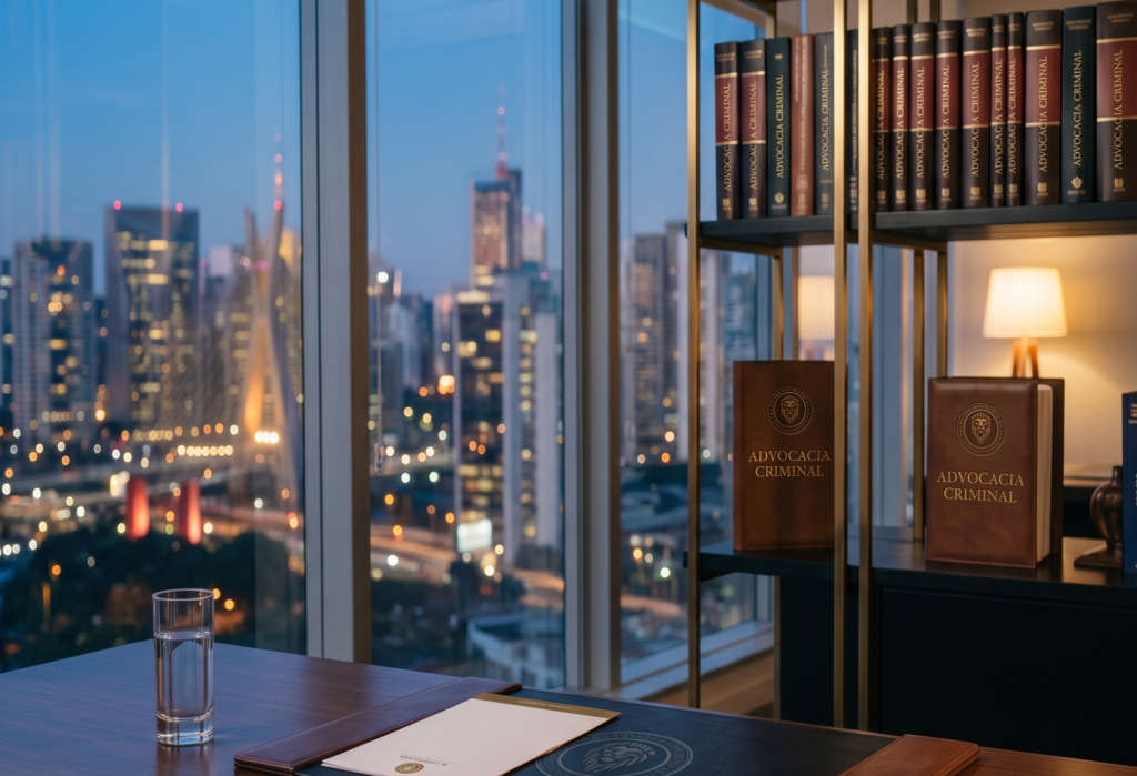 Escritório de Advogado Criminalista em São Paulo com mesa moderna, estante de livros jurídicos e vista para o skyline da cidade ao anoitecer.
